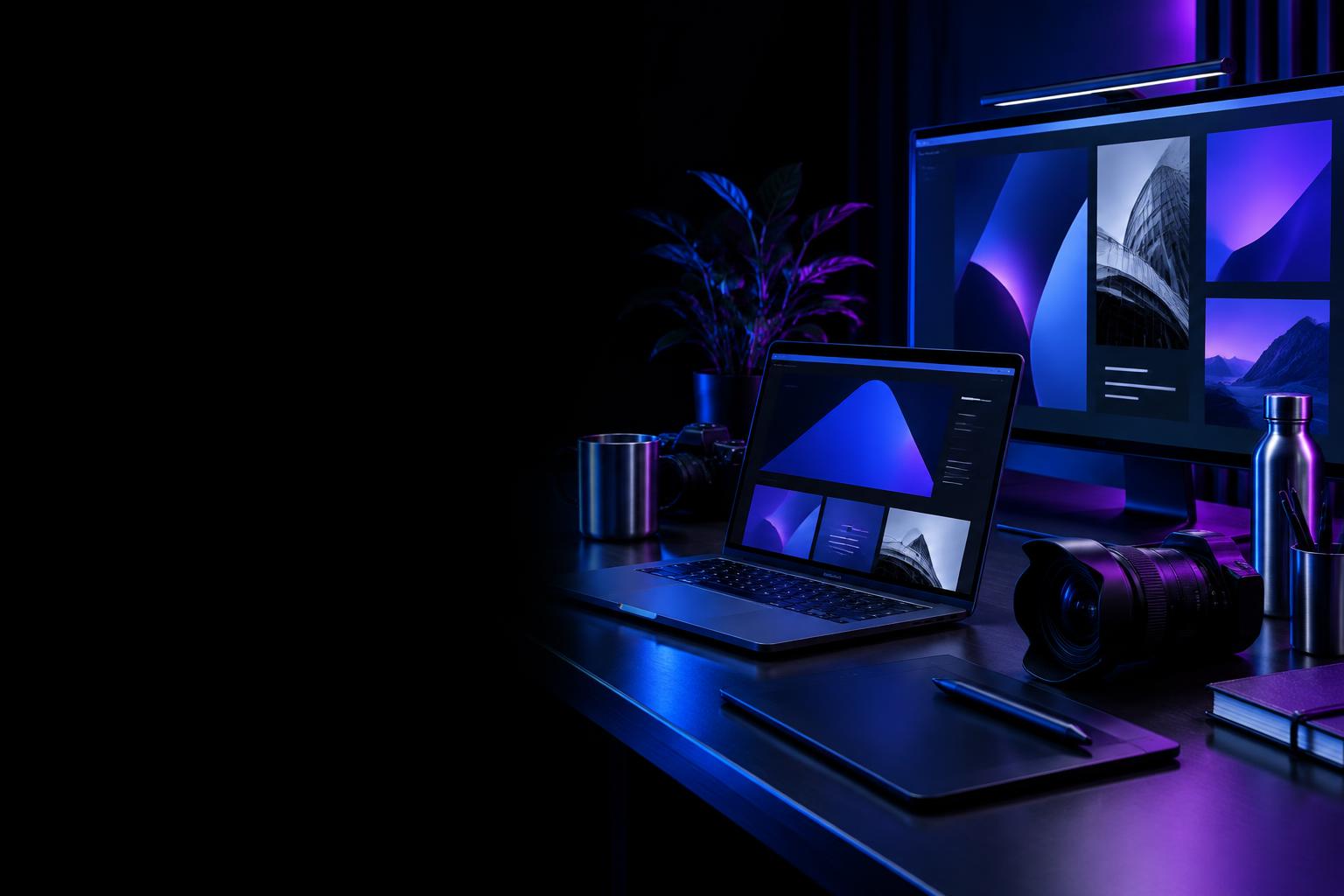 Estúdio de criação digital iluminado em azul e roxo
